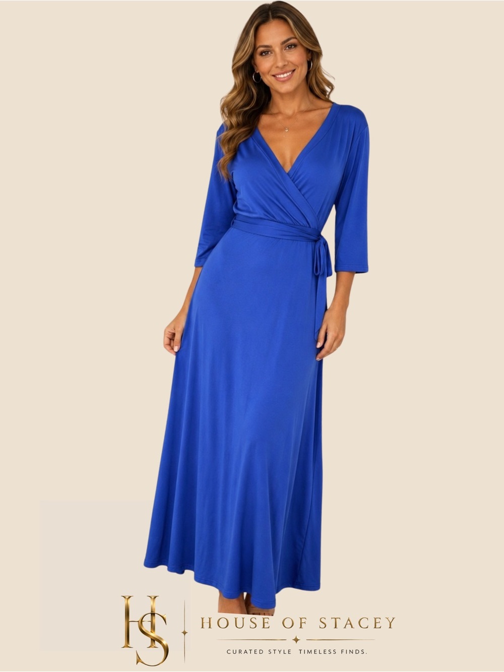 Royal Blue Maxi Dress Long Sleeve Belted Soft Stretch Medium Prom Form Wedding